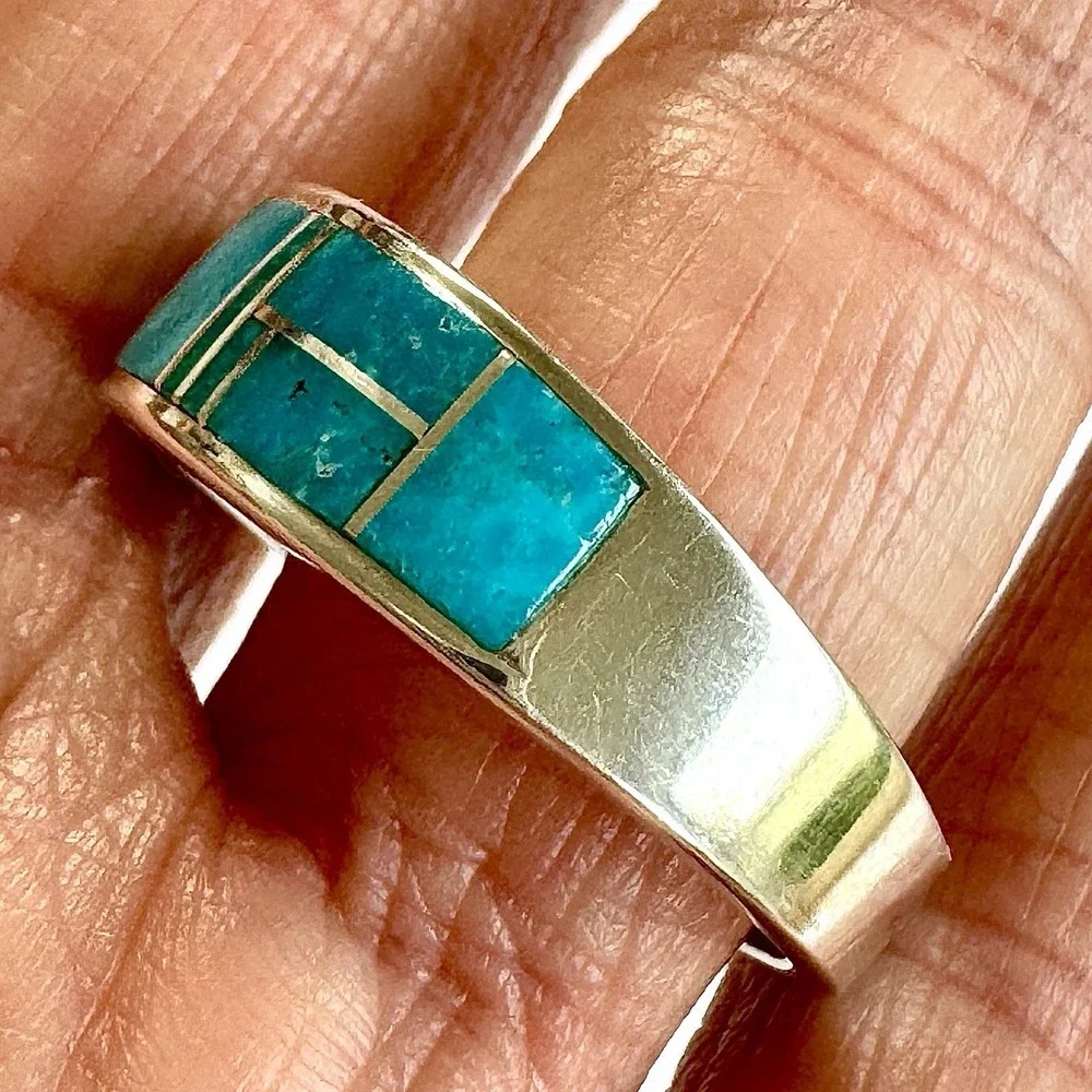 Mens Navajo Wedding Band 13 Ring Turquoise 9mm Inlay Signed Tolino Native Blue